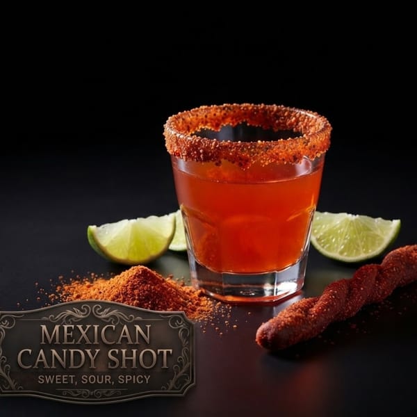 Red Mexican candy shot with a chili-sugar rim, lime wedges, and chili-coated candies on a dark surface.