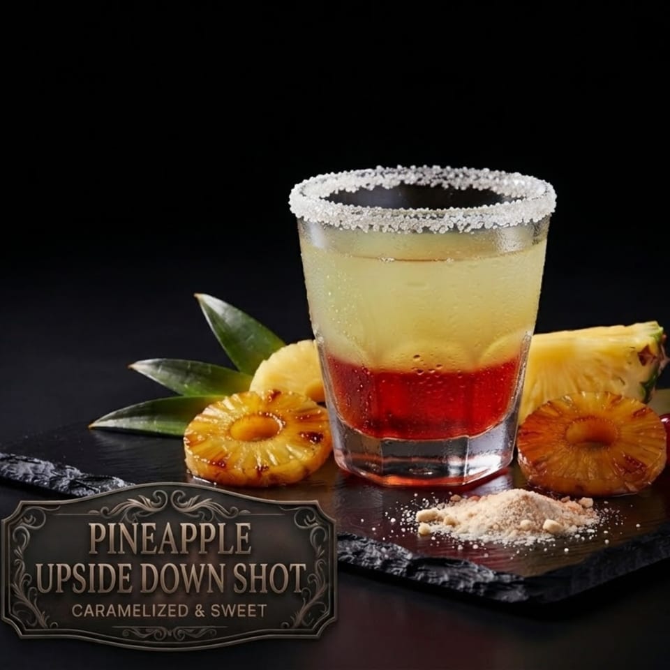 Pineapple upside-down shot with layered red and yellow drink, sugar-rimmed glass, grilled pineapple slices, and agave leaves.