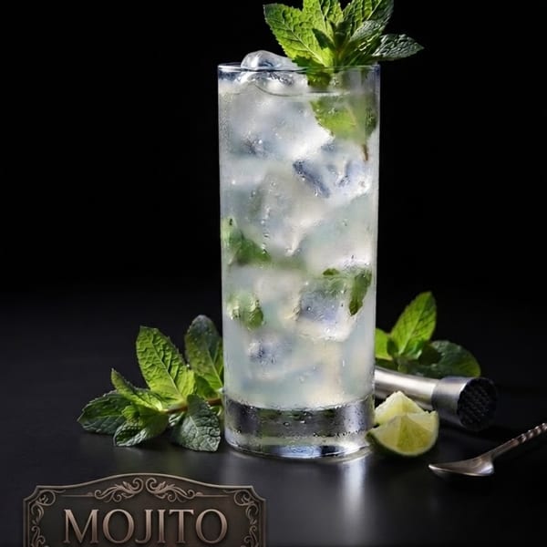 Iced mojito with mint leaves in a tall glass, accompanied by lime wedges, mint, muddler, and spoon on a dark surface.