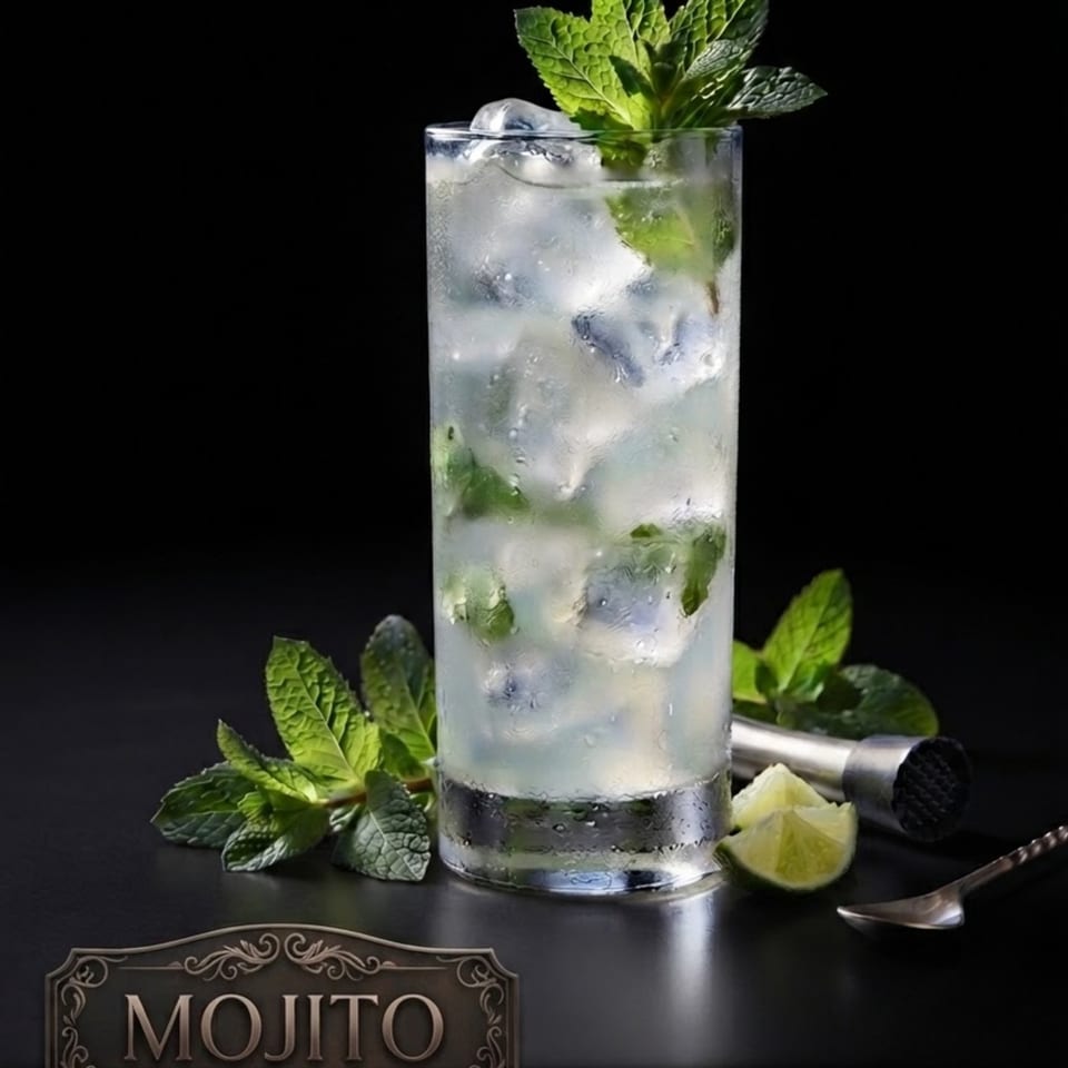 Iced mojito with mint leaves in a tall glass, accompanied by lime wedges, mint, muddler, and spoon on a dark surface.